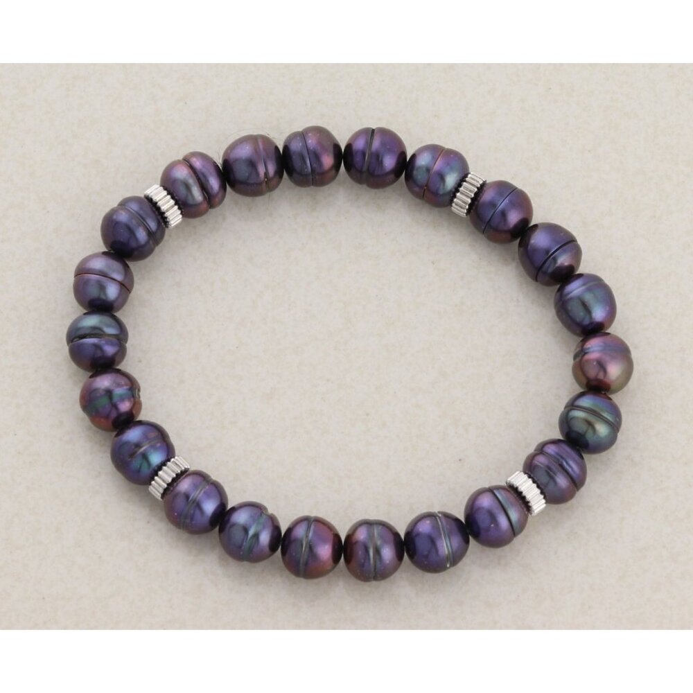 14k White Gold Bead and Freshwater Black Peacock Pearl Strech Bracelet 6 1/2"